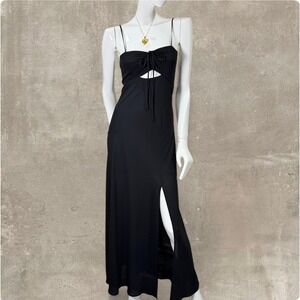 Express Black Cutout Maxi Slip Dress Spaghetti Strap Side Slit Evening Dress 0
